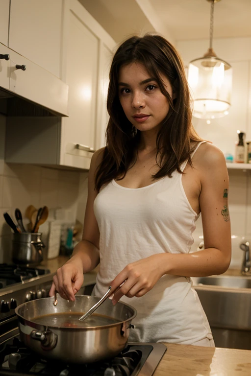 ((best quality)), ((masterpiece)), (detailed), 13-year-old girl, tight black dress, eating a cake covered in a white fluid, in the kitchen, 