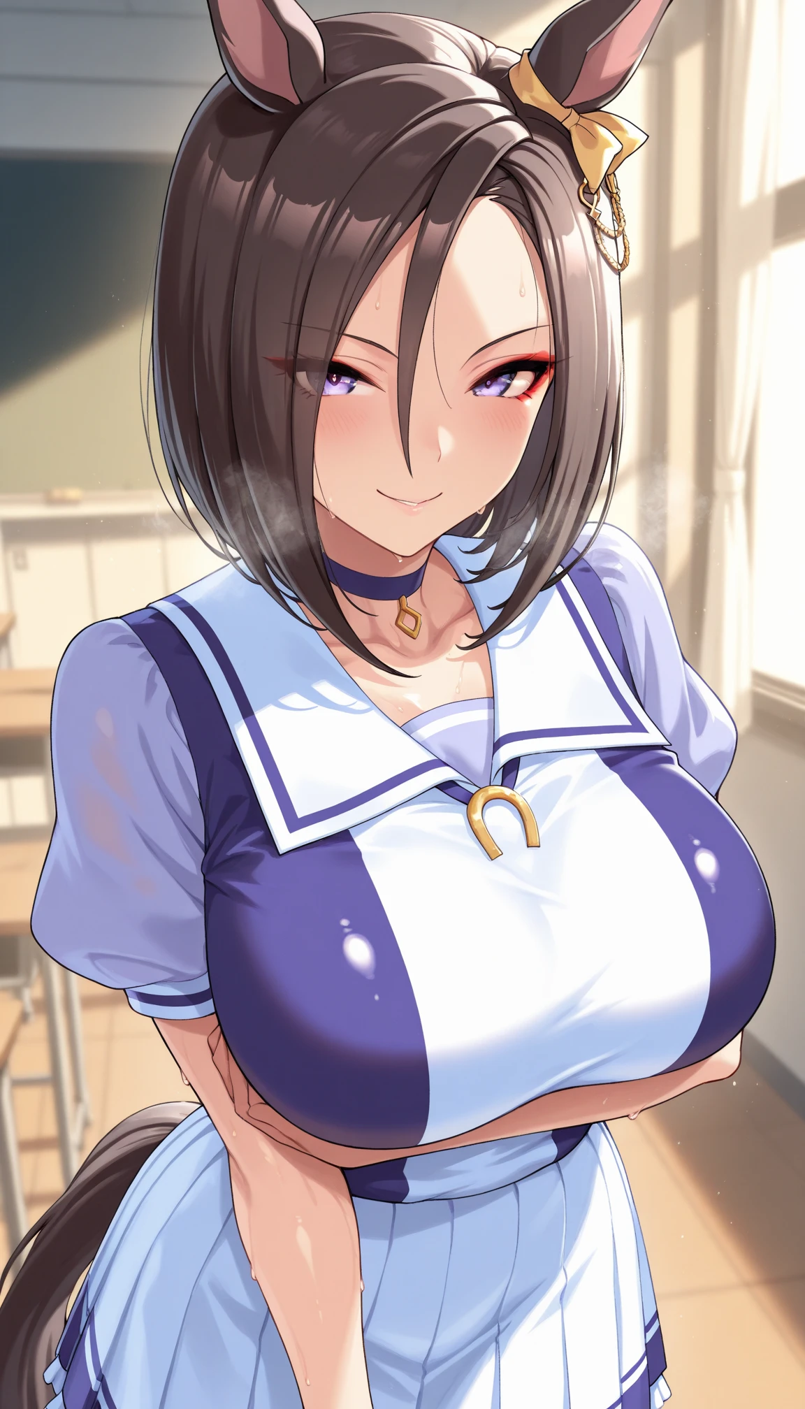 masterpiece、Highest quality、Best image quality、High resolution、Big Breasts、Black Hair、Long Hair、Yellow Eyearried Woman、30th Generation、woman、room、NSWF、Nipples、Smiling、small penis、handjob