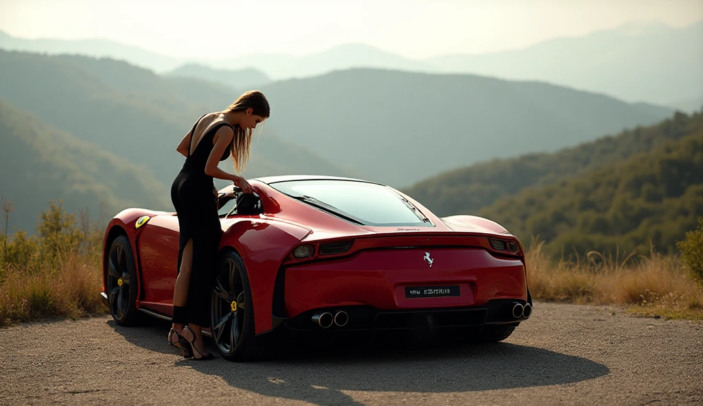 (best quality,4K,high resolution,masterpiece:1.2),Very detailed,Practical,photoPractical:1.37,portrait,beautiful eyes,Delicate lips,Strong gaze,Beautiful figure,Curved hips,Slim waist,Wide hips,Red Racing,Red shirt and jeans,Alfa Romeo Ms....,Wear tight, Simple clothes,Kimi Bella,F1 driver Charles Leclerc,Red clothing with Ferrari logo,Tight clothing,Upright posture,Confident look,Radiant Skin,Heavy makeup,Bold Hairstyle,Stunning model-like features,Long legs,Stilettos,Thigh width,Elegant Posture,charming,Photo shooting settings,Studio Lighting,High contrast,Rich colors,Sexy atmosphere,emotional atmosphere.