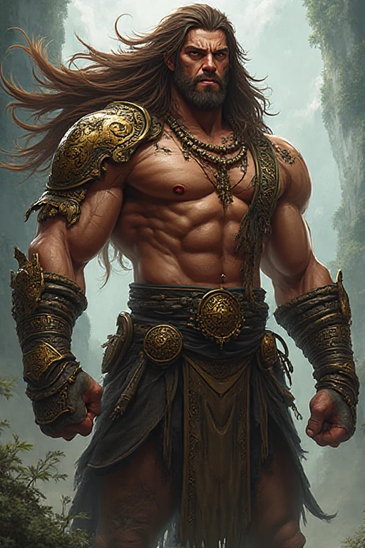 (photorealistic, masterpiece, detailed face, best quality, highres, 4k), Fantasy art style, Taurus the steadfast bull portrayed by a muscular male model exuding strength and sensuality with bull horns on his head. He is seen amidst a lush enchanted forest, his body adorned with  and sexy armor with earthy and metallic accents representing his grounded and reliable personality.