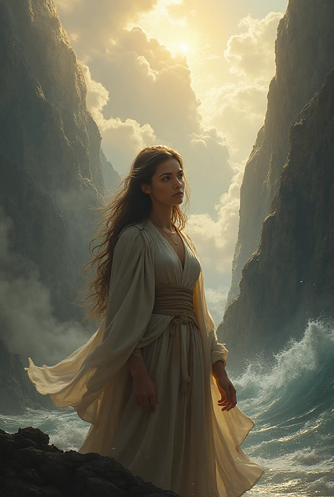 A spellbinding scene unfolds atop a windswept cliff, where a mystical figure stands in focus: a fierce warrior wielding a gleaming sword. An enigmatic wizard, bathed in a soft light, weaves magic with intricate gestures. Their celestial aura is enhanced by a flowing blue cloak billowing in the tempestuous wind. This vivid tableau, perhaps a stunning painting, radiates exceptional detail and artistry, evoking a sense of awe and intrigue.