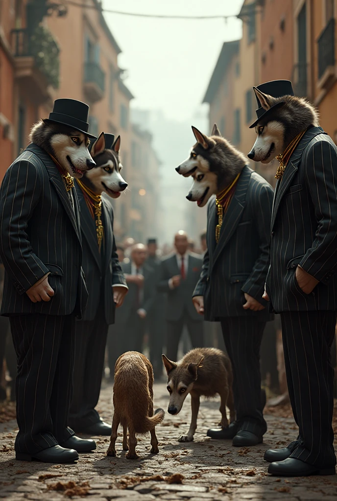 Some Dogs(includeing Bulldog) in mafia clothes smoking a cigarette, monochrome, wide shot, Tattoos on the upper body