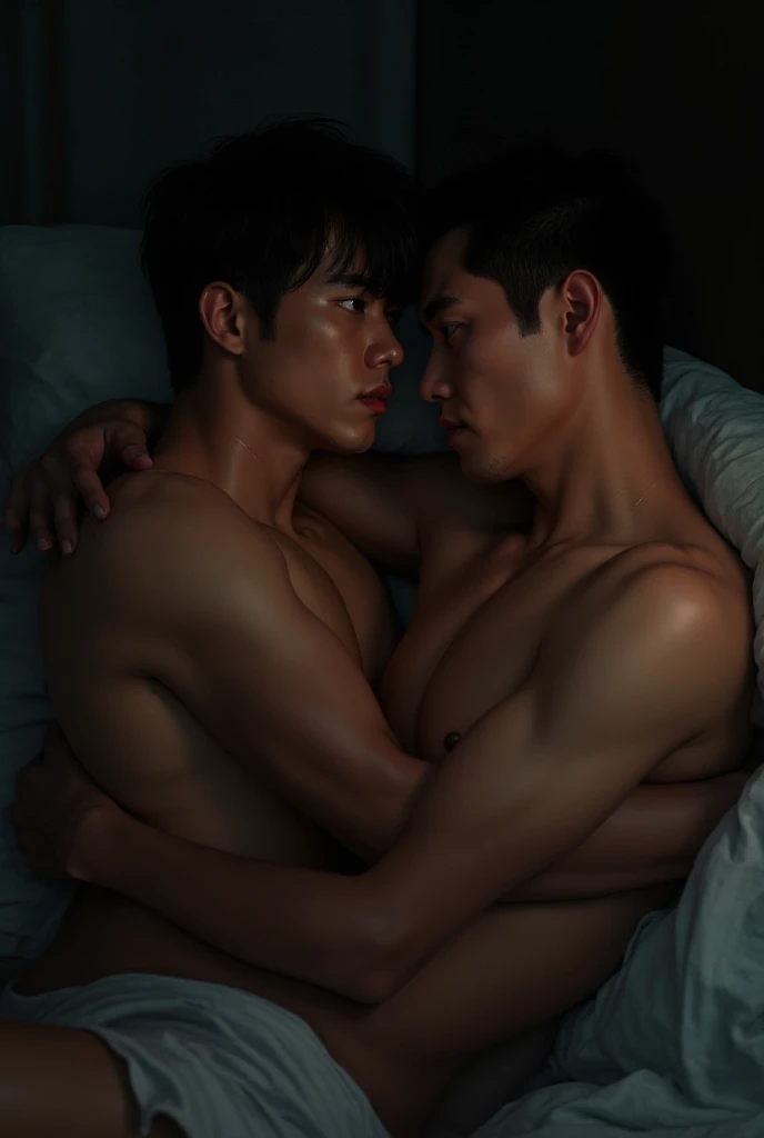 3boys, , a stunningly handsome korean young man with light brown hair, an extremely handsome taiwanese man with medium length curtain blond hair, straddles him in bed, kiss, third handsome man in the background watches them, lean and athletic builds, looking directly at each other lovingly, windows are wide open, sheer white curtains billowing dramatically in the wind, extremely dramatic shadows, romantic atmosphere