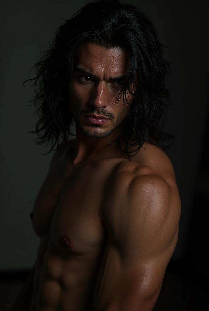 a man with long hair and beard,a shirtless man leaning against a wall,waist up big muscle,tattoo arm,soft lighting,high resolution,professional grade,RAW photography,evocative composition,Cinematic Lighting,moody lighting,perfect eyes,depth of field,virtual background,eyes focus,<lora:majichandsome1:0.8>,