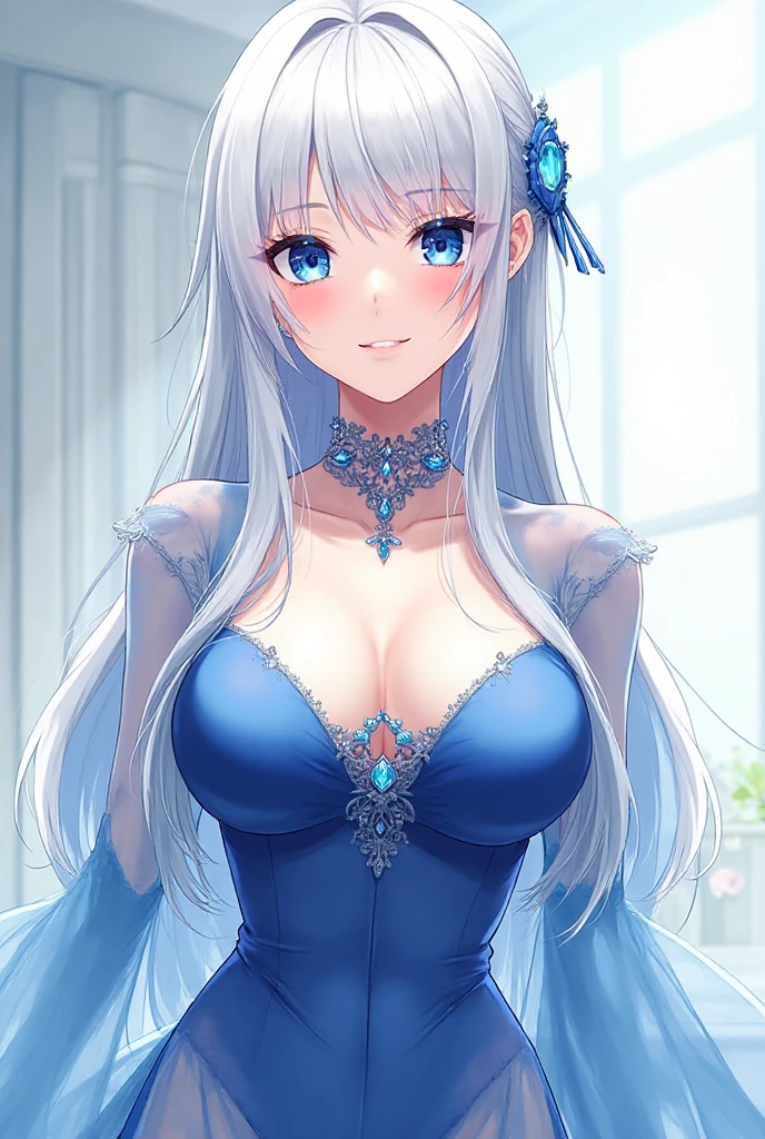 saints，seductiv，having fun，Being in love，Western magic white dress，silber hair，eBlue eyes，see-through  clothes，Cat's ears，Sky blue cloth，Snowflake pattern，Sky blue pattern，（Snowy nights:1.2)， lace，exquisite costumes，hallway，solo person，the night，Engraved translucent boots，Delicate and beautiful face