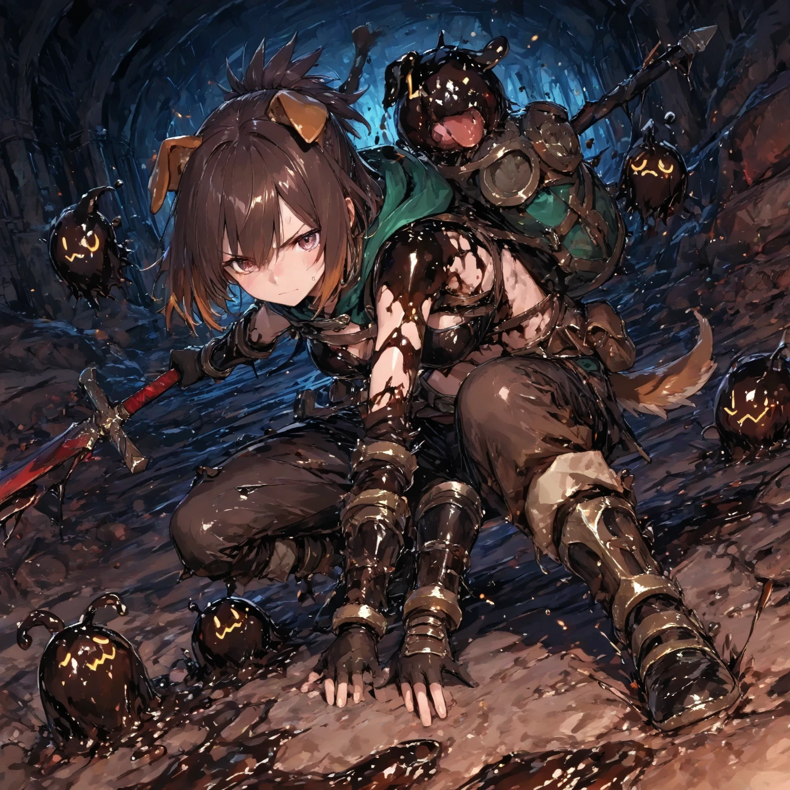 A female knight, wounded, scared face, badly torn-damaged clothes, almost naked, equipment around her, full body, defeated, bare chest , tears, cum, full body, after rape, , cum dripping from vagina, in cave, surrounded by goblins, metal armor, teared clothes, black hair 