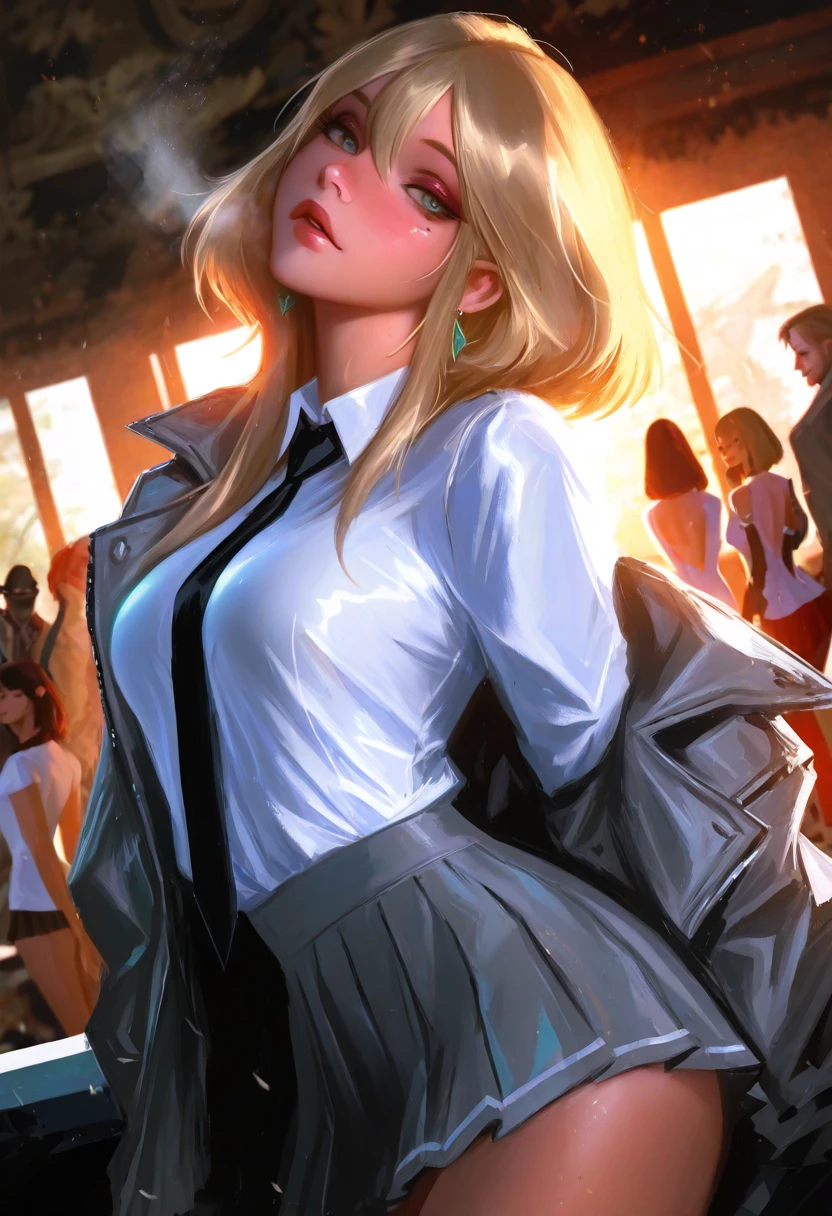 Adult Girls。cute、City of night、Looking up at the stars in the sky、Serious face、Composition from below、Tons of stars、Place your hand on your chest、Fluttering skirt