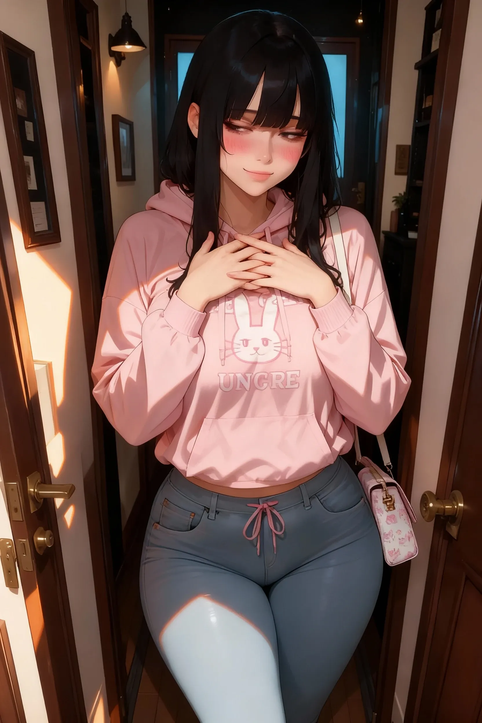 (elf girl), master piece, blushing, freckles, wide ????, slim waist, thick thighs, masterpiece, best quality, sfw, mature 26 year old woman, brown hair, moist face,  wavy hair, mouth open, shiny. lips, beutiful round eyes, oversized hoodie, tight jeans, (thick thighs), thick hoodie, cropped hoodie, inside city apartment, raining outside, rainy day, navy rain, inside, sitting on bed next to window, nightime, raindrops on window, dark out, mood light, soft lap light, cozy mood, Lofi astetic, the scene emulates an immense feeling of comfort and safety, modern cityscapes, skyscraper nightlights visable through window, midnight, completely dark out, high waist jeans, tight pants, ripped jeans, large thigh rip on jeans, orange lighting, orange moodnlight, Beautiful eyes, the most beautiful eyes youve ever seen, shiny thighs, extremely ripped jeans