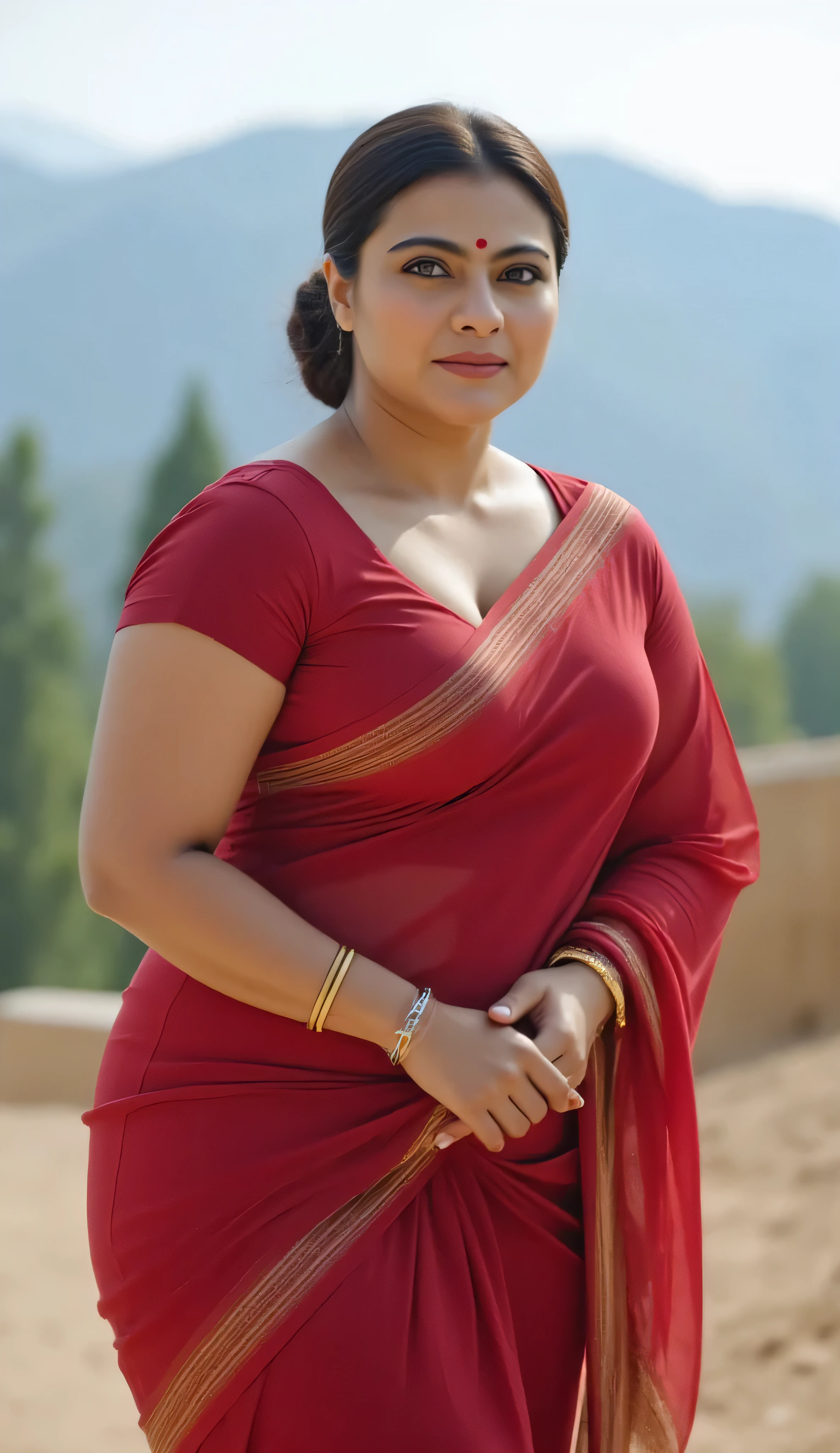 Indian beautiful woman Jaya Prada curvy plus size model wearing modern diferrent color kurta paijama facing to camera in standing position, curvy plus size figure, big m-cup , side bun hairstyle, bright eyes, thin eyebrows, fair skin, blushing cheeks, prefect , head to thigh view, beautiful Walking along the mountain area, and distant trees under a clear sky background