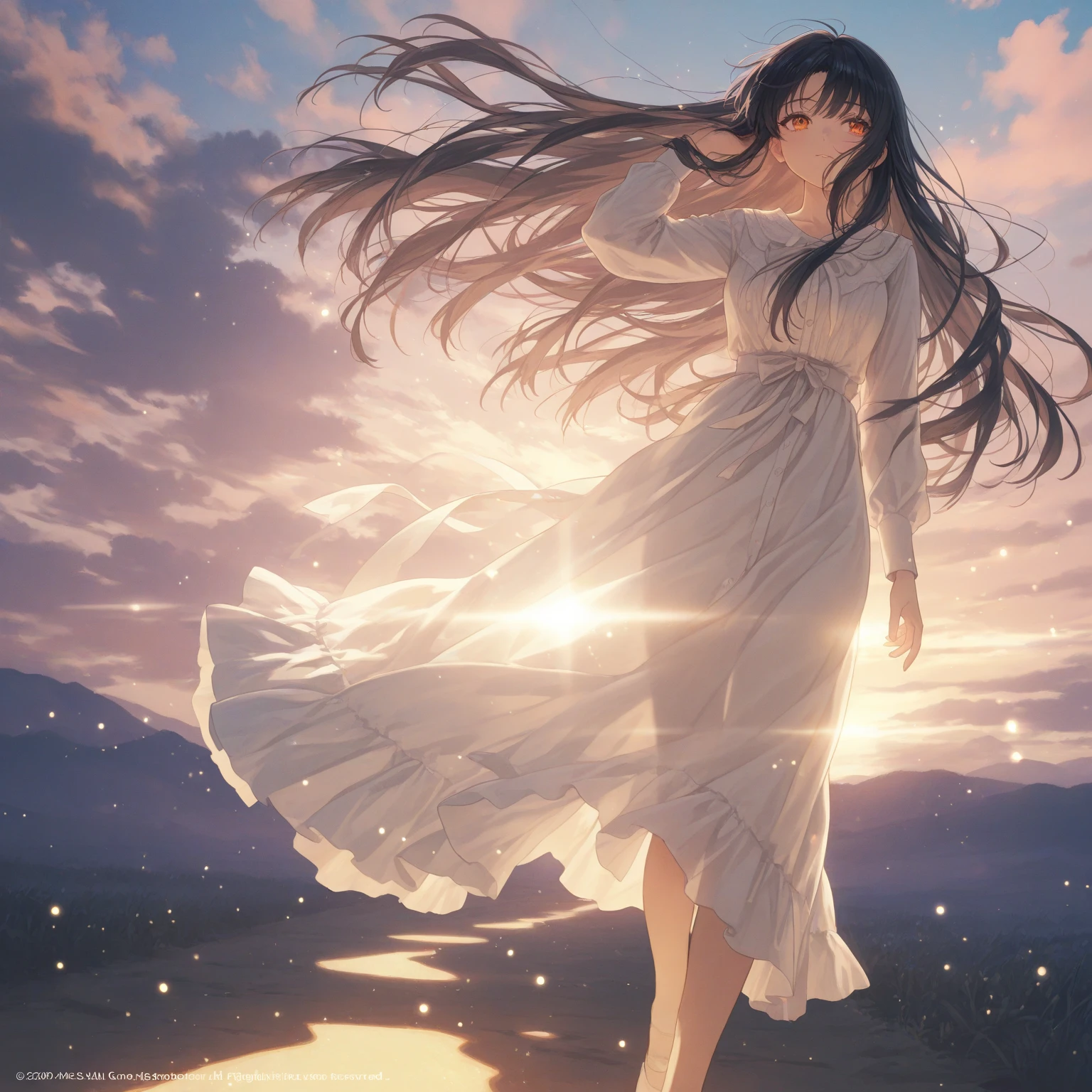Girl with long black hair and orange eyes, walking on a soft glowing ...