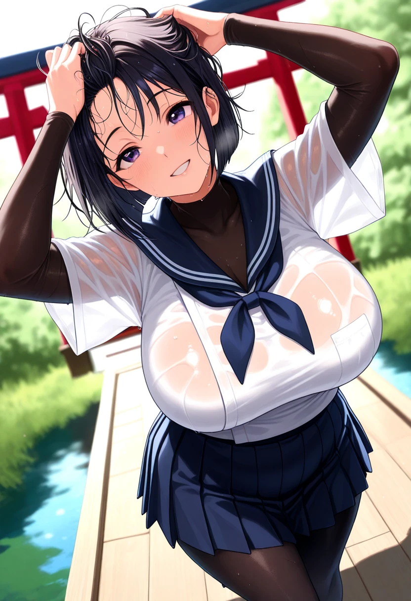 masterpiece, Highest quality, Very detailed , MyjmSkr-KJ, Highest quality, High resolution, One Girl、ponytail、Brown Hair、healthy、Brown eyes,Normal chest(B Cup)、Cute face、Cute anime illustrations、Please do your best in club activities、((green　スクールSwimwear、))、one piece　Swimwear、、((全身Sweat))、sunset、(Sweat:1.1)、Lie down on the mat、Spread your legs、Striped pattern, Looking at the audience, smile,Open your mouth