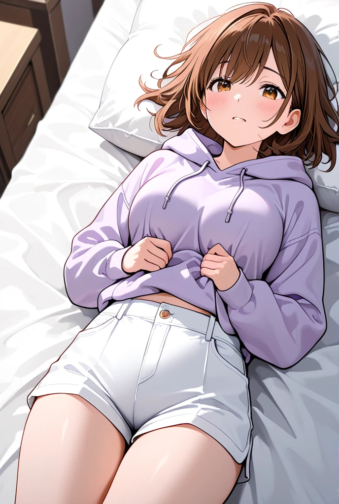 Brown-haired girl　shoulder-length hair　Wearing a white hoodie and a white skirt　Dark orange eyes　White skin　tall　With bangs　Beautiful face　Thin legs　The cleavage is visible　sitting on the bed　Thin legs　Very shy　Shyness　Anime Style