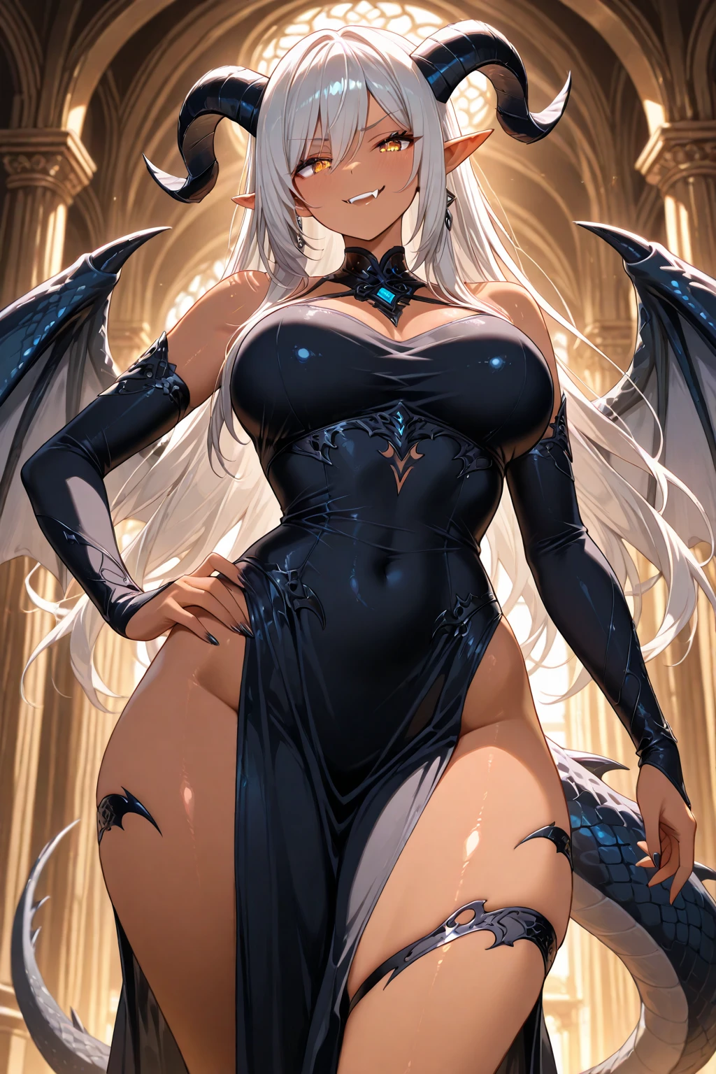 solo,succubus,evil smile, open mouth teeth, 
150 mm, beautiful studio soft light, rim light, vibrant details, moonight,(lace),simple background, (clear eyes),