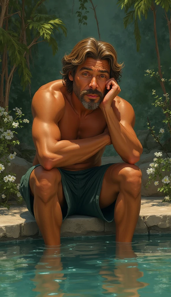 A breathtaking HD photograph+intense_soft_cool_colors_illustration , 1 leaning agaist the wall, facing the camera

((front symetric view)) close-up evocking homoerotic elegant etherea male beauty scene, ((paul_chabas wide shot, HD photorealistic ))(medium) symmetrical composition, minimalism, high-end aesthetics, homoerotic  style, balanced saturation, good dynamic effects.

8K, UHD QUALITY, Highly detailed digital photography, Best quality, 4K, high-resolution, masterpiece, ultra-detailed, best quality,

(front view) close-up evocking homoerotic elegant etherea male beauty scene, ((paul_chabas  wide shot, HD oil painting ))(medium) symmetrical composition, minimalism, high-end aesthetics, flat style, abstract lines, balanced saturation, good dynamic effects. A young fitness,   , barefoot, muscled legs, facing the viewer,  latino, aestethic fullbody, pefect ,  muscled body He is sitting on the fountain in the middle of the hacienda's courtyard, short plants with flowers of deep intense warm colors  , smiling at the camera, romantic  the most sexy gaze ever seen,  background mexican fancy hacienda mexicana columns, flowers, fountain with litle fishes swimming