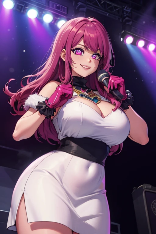 Masterpiece, Hyper detailed, Best quality, UHD, (((3D))), ((anatomically correct)), Dance club, 1 woman, Joyful Expression, ((Hyper detailed ???? (Black) dance outfit, headphones:0.5)), Busty, Curvy, (Hyper detailed eyes, Green eyes), Longeyelashes, Jewellery, Makeup, ((Pink hair, flowing hair)), {{{Club lighting}}}, ((Dynamic poses, stage, musical aura, performance, sparkling, Music notes)), AGGA_ST009