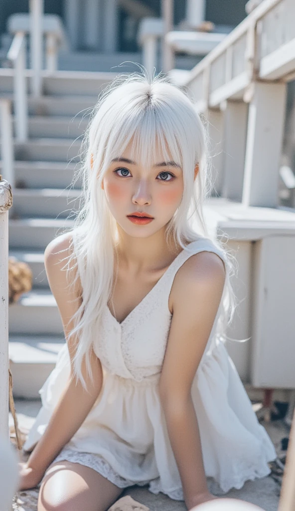 Shining, clear, white skin、Her windblown silver hair hides her beautiful face.、huge、28 years old cute sexy little beautiful face、Beautiful straight hair that stands out、growing up, Sparkling light blue eyes、long silky bangs that cover cute eyes, Sexy and cute young woman with super long hair hiding her sexy face、Shining silver hair