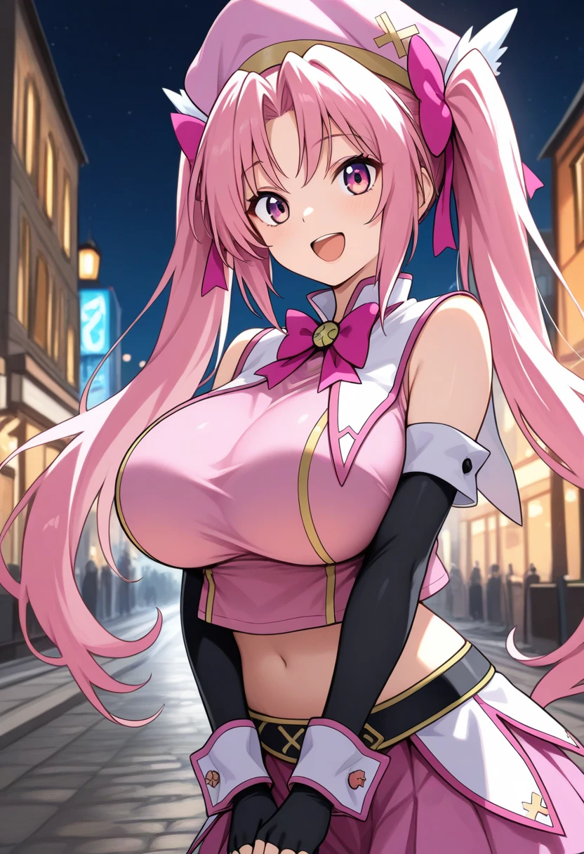 1girl ,ingrid,dark skin, dark-skinned female, very long hair, yellow eyes, purple lips, pink hair, forehead, hair intakes, mole under mouth, mole, large breasts, shrug ,midriff ,pink ,,, makeup,smile,hand behind head,  outdoor,,garter belt ,night,standing,( belt:1.6), ,