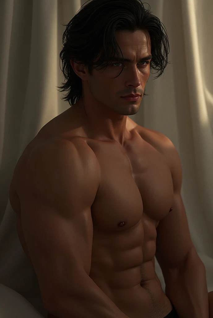 young male, muscular, Latin, photorealistic, cinematic light, luxurious bedroom background, ultra resolution upper body