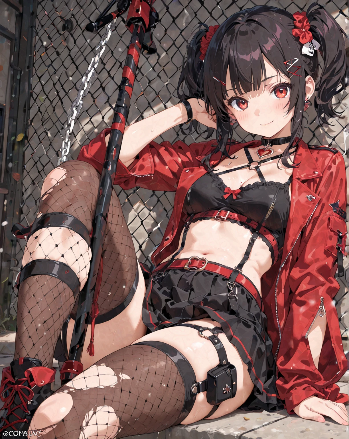 masterpiece, highres,best quality,<lora:utsubo kokoro-Ill-001:1>, utsubo kokoro, 1girl, solo, reflector, fingerless gloves, gloves, thigh strap, skirt, black gloves, boots, clothing cutout, black footwear, plaid, asymmetrical clothes, brown hair, fishnets, brown eyes, zipper, black belt, head wings, collarbone, knee boots, shirt, pink hair, belt, pink eyes, crop top, black skirt, black shirt, blunt bangs, hair ornament, multicolored hair, wing hair ornament, covered collarbone, plaid skirt, red skirt, low twintails, thigh belt