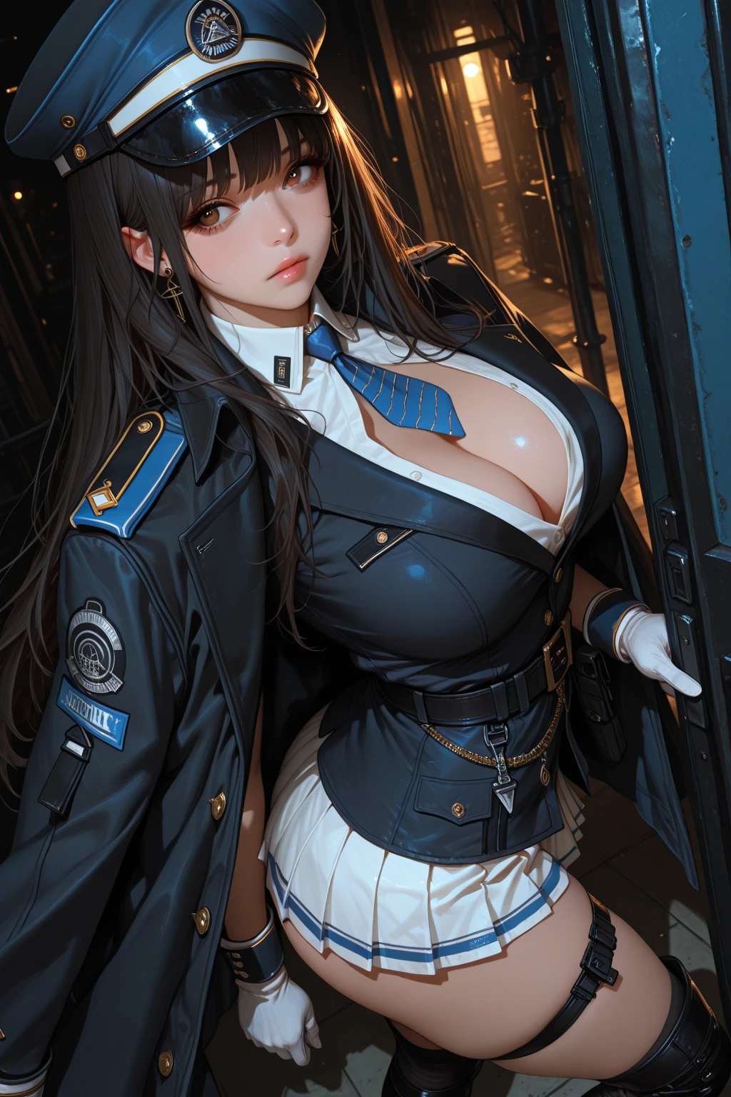 (UHD, retina, masterpiece, accurate, anatomically_correct, textured_skin, super_detail, high_details, high_quality, best_quality, high_res, 1080P, HD, 4K, 8k, 16k), (beautiful_detailed_eyes, beautiful_detailed_lips, extremely_detailed_eyes_and_face), soft_lighting, physically-based_rendering, vivid_colors, (large_breasts:1.5), (shiny_hair, shiny_skin, tanned_skin), eye_reflection, (bangs:1.5), (splash_curl:1.2), (bokeh), semi-profile_view, (military_uniform:1.5),