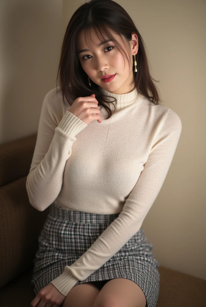 masterpiece, best quality, illustration, Super detailed, fine details, High resolution, 8K,wall paper, perfect dynamic composition,(Details High quality, realistic depiction of eyes:1.3), (updo), white turtleneck sweater, pleated skirt, short bob hair、black hair color, Big Natural Color Lip, bold sexy pose, crying a little、Harajuku style、acrobatic pose, 20 year old girl、cute type、lolita、beautiful legs, hotel room, gravure idol, Voluptuous thighs, huge breasts