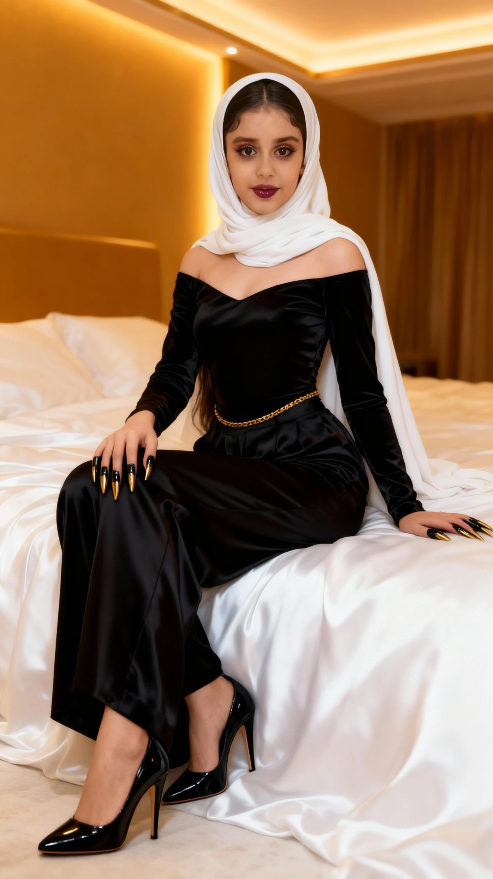 a woman in the translucent black night gown, ??????????, ?????? on with ?????? piercing, wearing satin hijab, full body,mermaid tight long gown, flowy dramatic long gown,very long flor length gown, tall women,bring a file folder, wear glass, in office, ???? face, ???? pose laying in bed, wear high heels, masterpice 