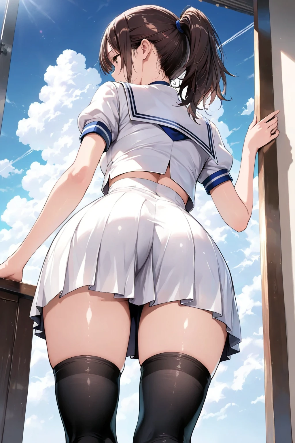 View from below、Embarrassed、Big breasts,Roll up the sleeves of your skirt to show your 、、Black Hair、short hair、Hair Ribbon、、white 、(((white ))),Floating 