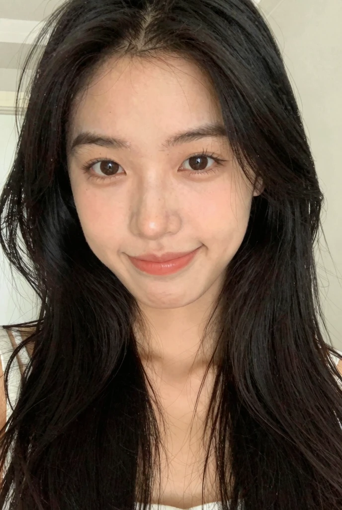 ((Highest quality)), ((8K)), ((masterpiece: 1.3)), (Perfect appearance), (Photorealism: 1.6), (MOR), (View from directly below: 1.2), ( Japan), (58 years old), ((Realistic skin texture)), (Fine wrinkles appear all over the skin), (Dullness), (Unmoisturized skin) , ( wrinkles), (Wrinkles around the eyes), double eyelid, Lower eyelid tear trough, (Dimples), Protruding front teeth, Short bangs, Long wavy hair, She is smiling gently with the corners of her mouth raised, She is completely  and posing , Mature woman's loose figure, Small , Small , Flat , Bedroom with morning sun streaming in, Strong sunlight, bright, She is smiling gently with the corners of her mouth raised,