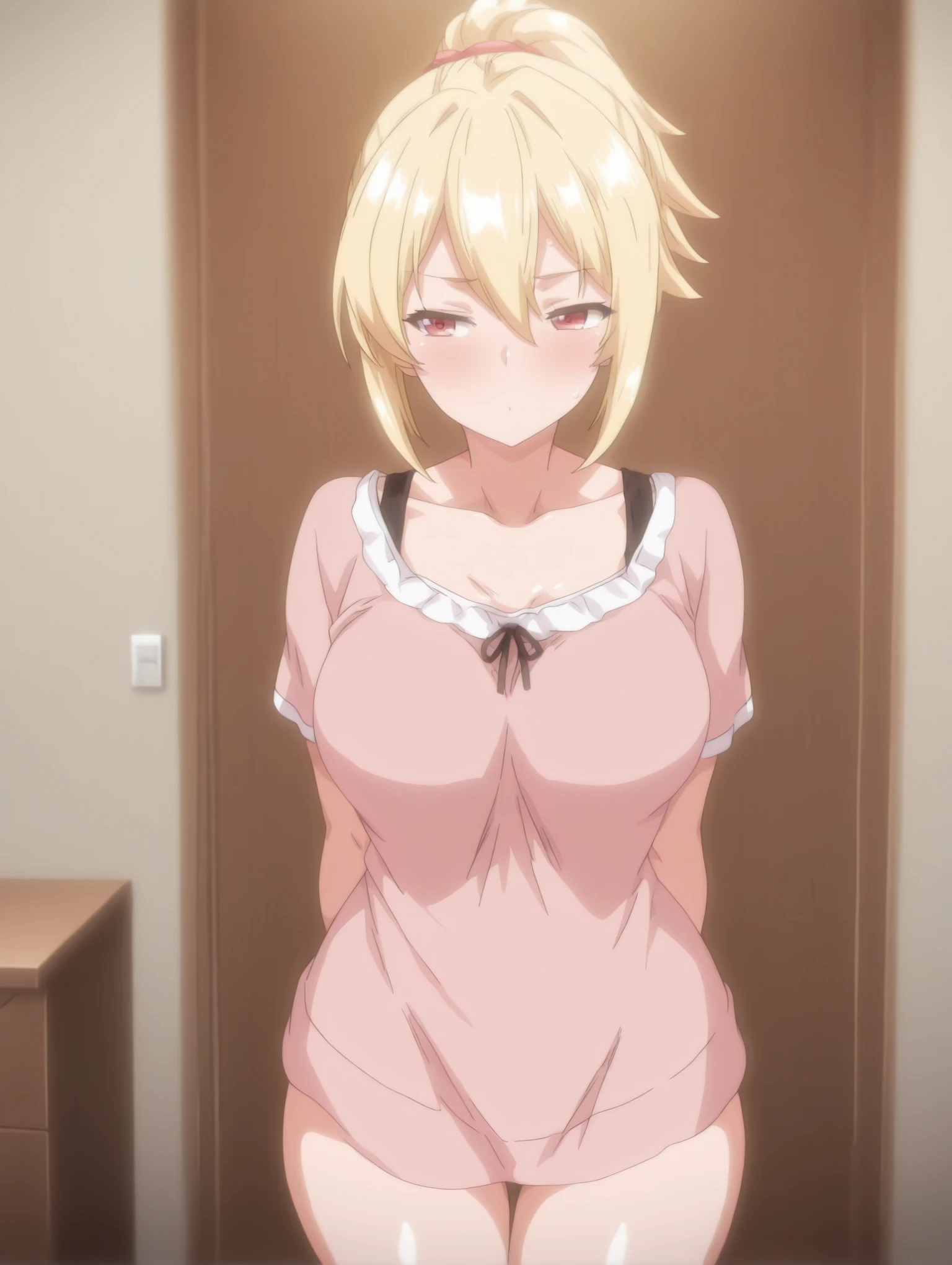 (masutepiece, Best Quality, High resolution:1.5, anime colours, megami magazine:1.2, anime poster style, anime keyvisual, sharp, 8k, photorealistic), (, looking away), (beautiful eyes:1.5, beautiful face), Alice Zuberg, 1girl, blush, (white headband), (blond Long Hair, hair braid), (large breasts), (, ), upper body, (Perfect detailed , beautiful detailed hair, perfect detailed body:1.2, shiny skin), (thick outline, Beautiful outlines, black outlines), simple background