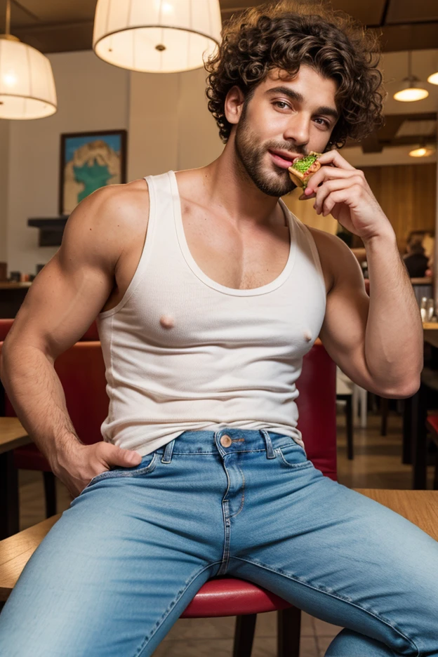 A sexy  man with black hair, ,handsome face, detailed features, masterpiece posing, , homoerotic,   , beautiful background, masterpiece , ,bookeh, beautiful evening , in a market ,angry expression, upset 