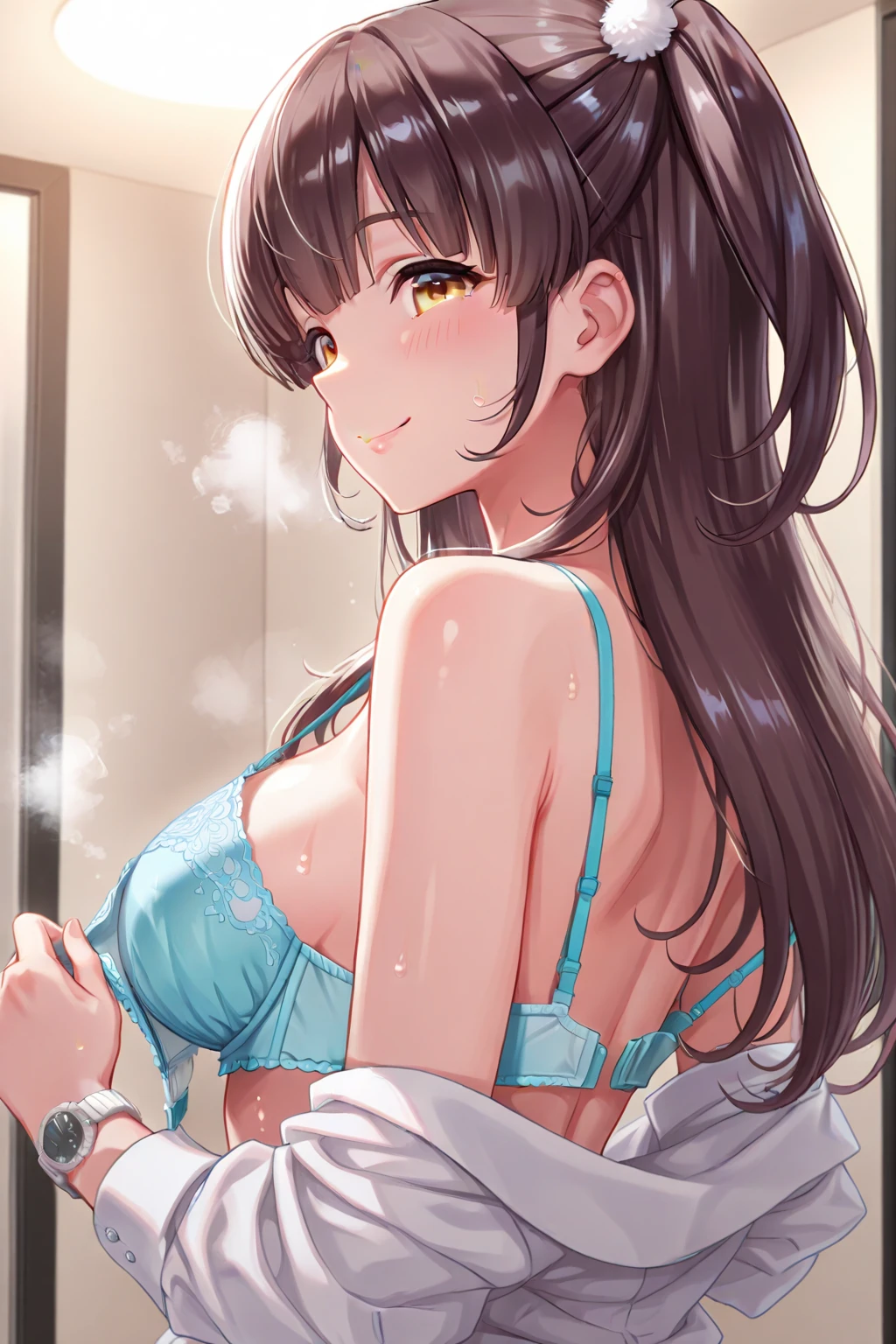 (8K、Raw photography、top-quality、​masterpiece:1.2)、Illustration Touch、ultra-detailliert、超A high resolution、1 fair-skinned girl、posterior view、dark brown  hair、(((((((no brassiere)))))))、White bath towel、clean back、taking shower、wetting hair、wetted skin