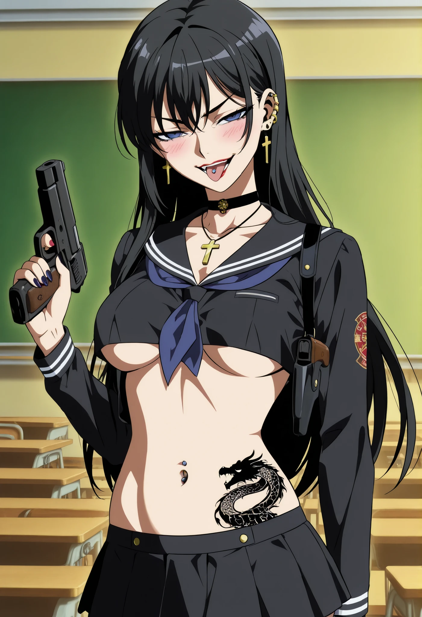 LuniaArden, long hair, black hair, dark blue eyes,, nail polish, ear piercing, long hair, , lipstick, Hot girl, baddie,, sensual, attractive ,choker , cross necklace, jewelry, earrings, masterpiece, best quality, highly detailed, a girls in sailor uniforms with a gun posing for a picture, evil smile, smile, open mouth,black_serafuku, () , style, high school girls, holding a gun, hold a gun, micro skirt, exposed belly, exposed navel, exposed midriff, holding pistol,underboob, exposed lower belly,school, classroom, navel piercing , shoulder holster, tongue piercing, tongue out, , , blush ,medium ,looking at viewer , dragon tattoo on waist, narrowed eyes, tattoo on waist, anipai_style , anime screencap , anime coloring, v-shape eyebrows, long sleeve
