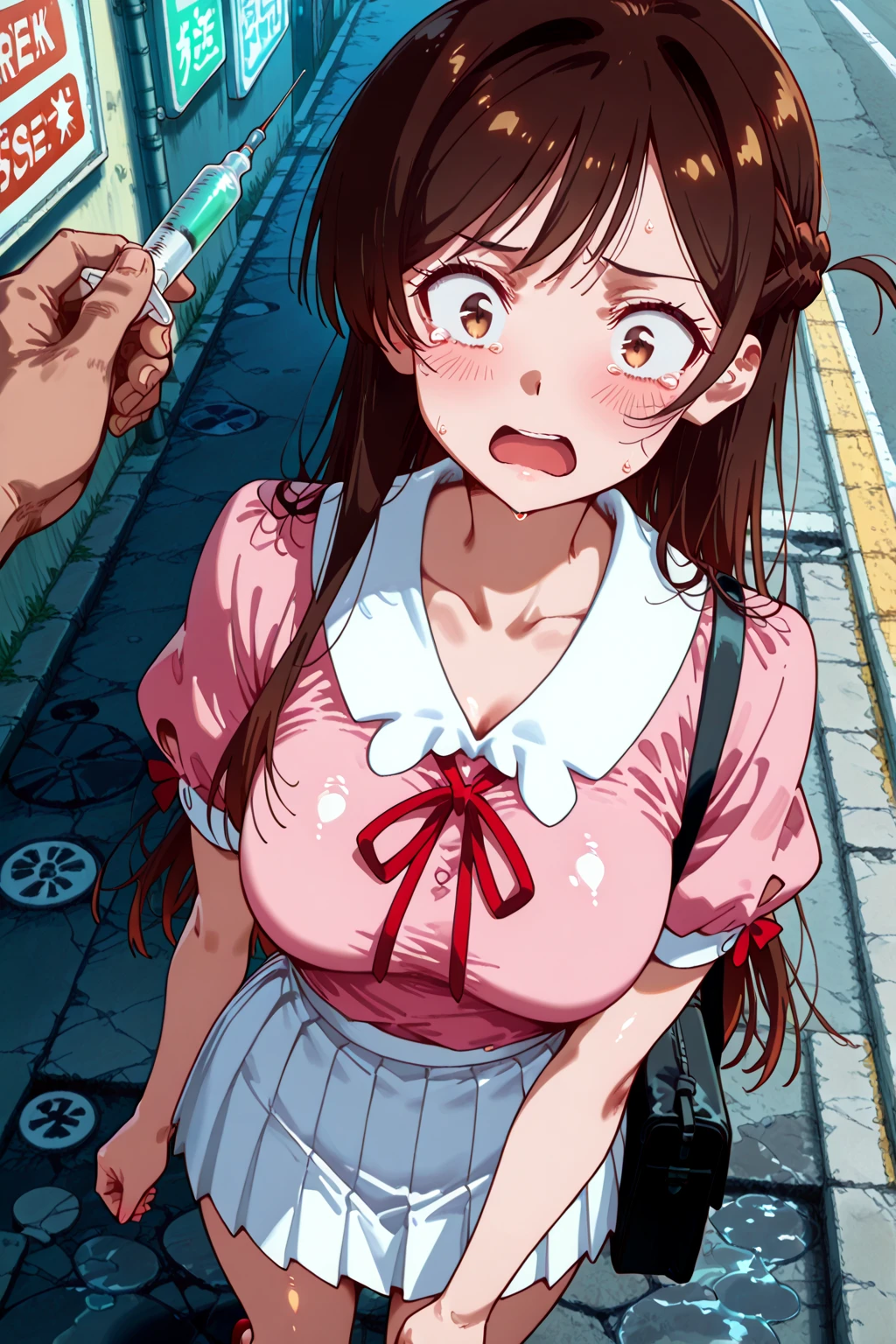 masterpiece, Highest quality, Nico_Yazawa,High resolution, 1 Girl, alone, Brown Hair, short hair, Twin tails、Purple eyes, Cowboy Shot, Frill dress, , Pink Dress, (Cleavage)、(Beautiful thighs)、city, Outdoor, garden, Carrying a red backpack, (randoseru backpack:1.2) Sweaty、Thick thighs、Highest quality、4K、One girl, 8-year-old, change, cute, Grin, 、Micro Skirt、Striped ?????????、In the city、Many passersby are surrounding the girl..、、Thick thighs、Confused face、A man holding his ????? and girls surrounding him、????? from the ?????、???????、???????、（???????）With projectile、???????