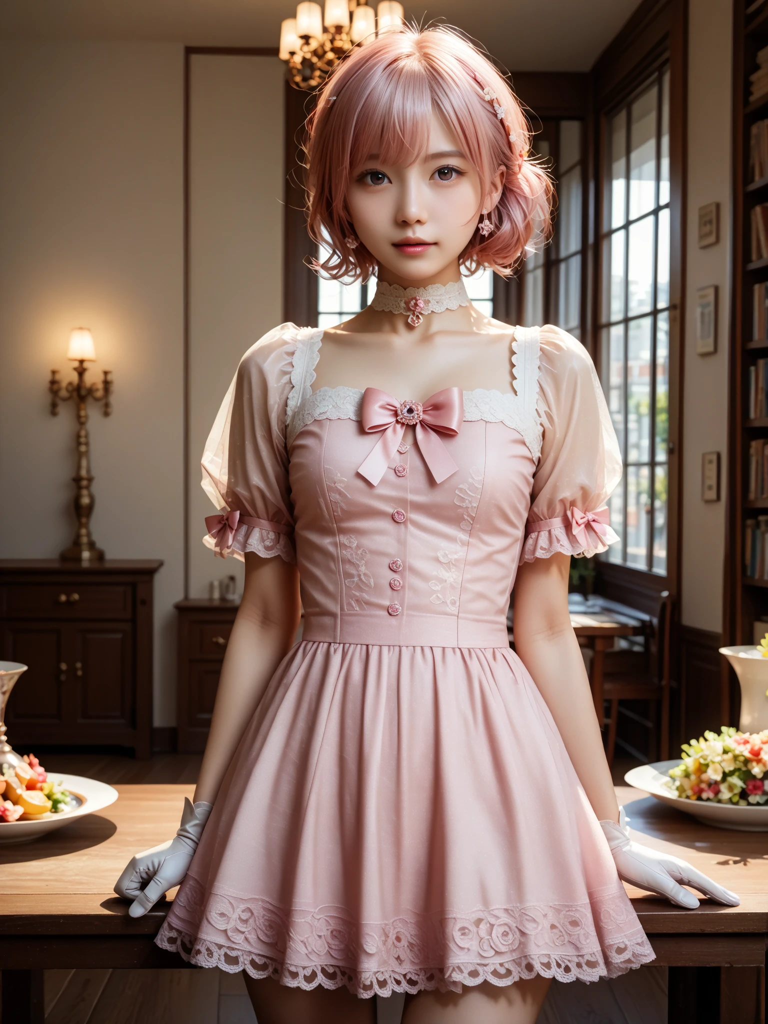 beautiful young girl, pink hair, wearing a dress, wearing cute stockings