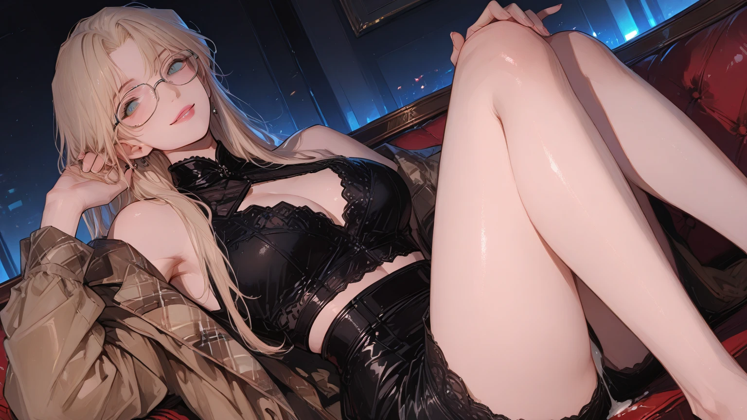 One Girl,, Crotch cutout, No crotch, , ,alone ,, Large Breasts, blush, Black leotard,  arms, Wrist cuff, bow tie, Strapless, Cleavage,