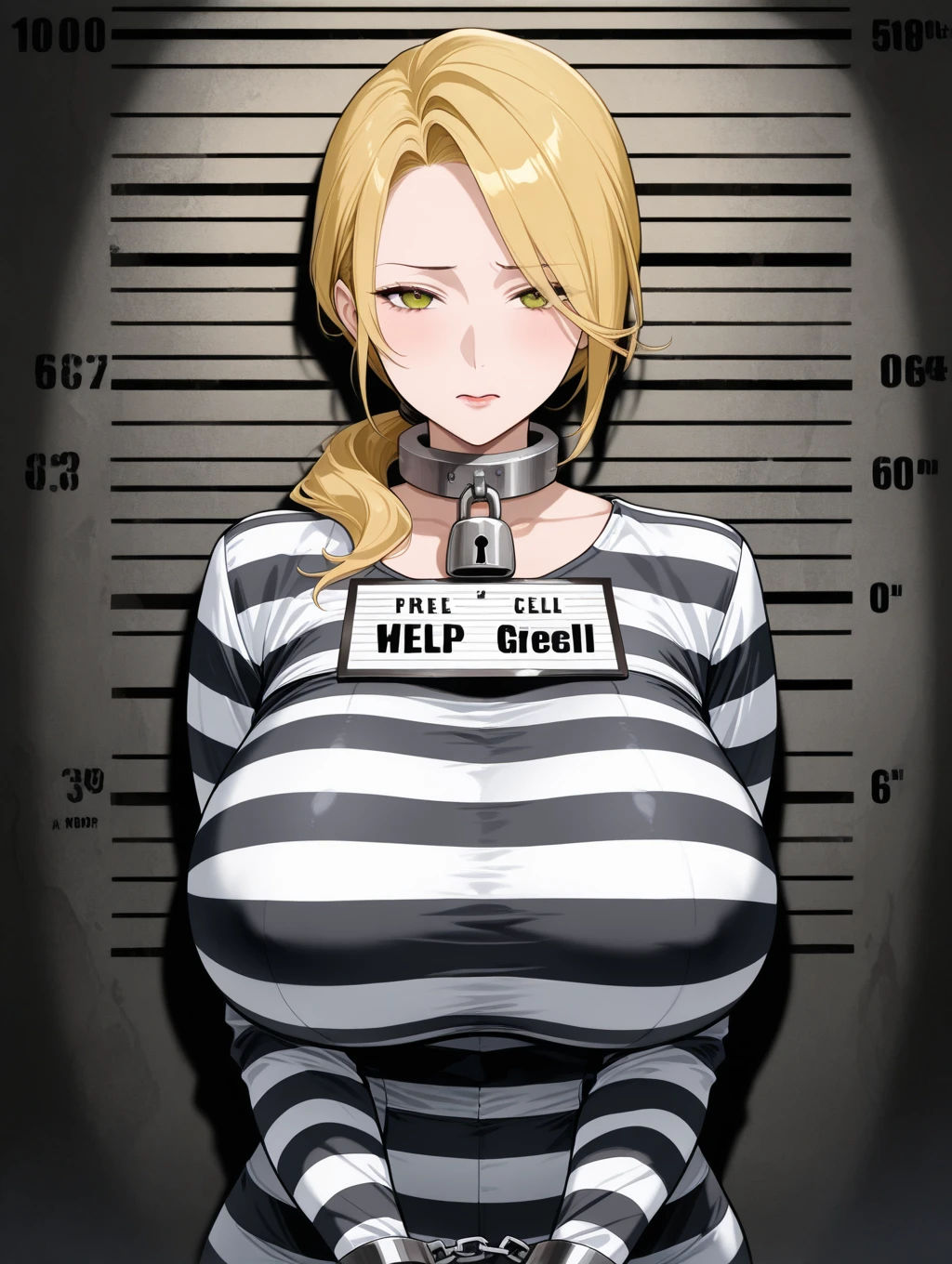 score_9, score_8_up, score_7_up, ASCII masterpiece, source_anime, BREAK, 1girl, solo, (( <lora:paula:1> , paula, wide waist, wide hips, fat rolls, fat, bbw, beautiful skin, clear eyes, piercing brown eyes, bright pupils, beautiful eyes, beautiful brown hair, beautiful short hair, huge and shaggy breast, beauty, extraordinary beautiful woman, attractive woman, super sexy woman, lustful body, sexy fat woman with seductive obscene body, sensual body, voluptuous body, )) , obscene cleavage, uncensored, very detailed, high detailed texture, rear view, (prison background), sweaty, 1girl, ((mugshot)), orange prison jumpsuit, high details, red blush on face, nervous expression, hands behind back,