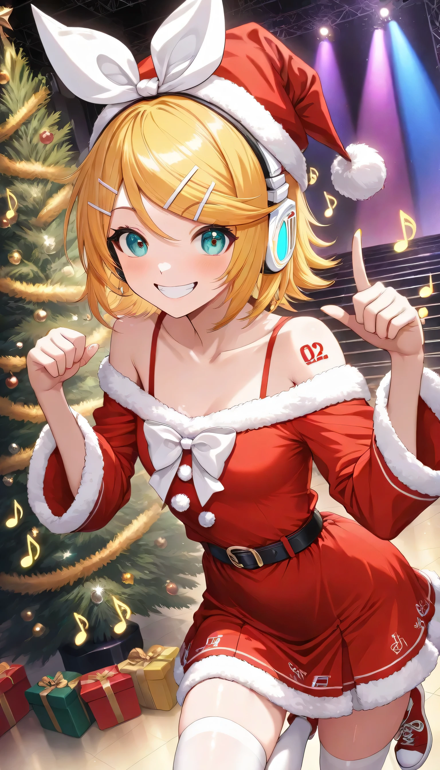 Kagamine Rin\(vocaloid\),solo,1 woman\(cute,cute,Kagamine Rin\(vocaloid\),light blonde, Santa Hat,short hair,Red number tattoo"02" On the shoulder,(big white bow), Santa Outfits,(Santa's dress:1.2),black belt,red sneakers,white headphones,red miniskirt,white knee-highs,yellow key strap at ベルト,Open Shoulder,Sing and dance,(very cute pose:1.posed shoulder line :1.5),dynamic pose,(very cute big smile),and look away\). BREAK .Background\(concert stage,Christmas tree,Live Lighting,pastel spotlights,(Lots of colorful musical note signs ), The human hand is correct ,\), BREAK ,Quality\(8k,Extremely DetailedCGユニットのWallpaper, masterpiece,High Resolution,top-Quality,top-Quality real texture skin,hyperrealistic,Increase Resolution,Original photo,最高Quality,Extremely Detailed,Wallpaper,Cinematic Lighting, Raytrace ,The golden ratio\),RIN is so so cute,DYNAMIC ANGLE,cowboy shot,(aerial view:0.8)