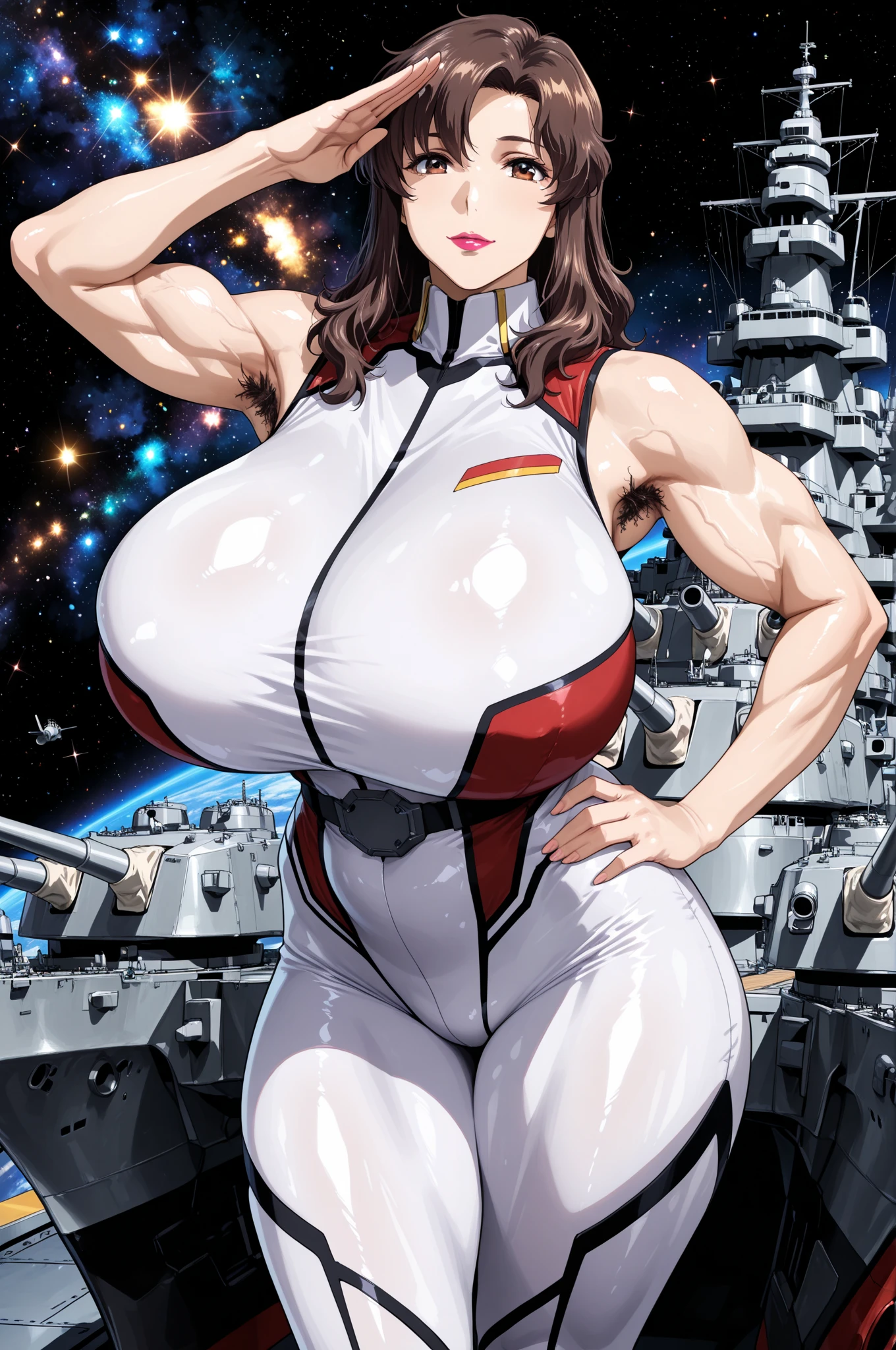 (hyper real)、future female pilots、
Beautiful Korean artists girl,　High level image quality　High resolution　realistic long black ponytail hair、young woman、young aged woman、(超High resolution、realistic、very sexy voluptuous body type, smile face、beauty of young age、beautiful expression、Kamimei、Very delicate and delicate skin texture, A woman piloting a giant space station),,(huge very saggy breasts),(wide muscle:1.8),(side view),(top view),(eyes to camera)