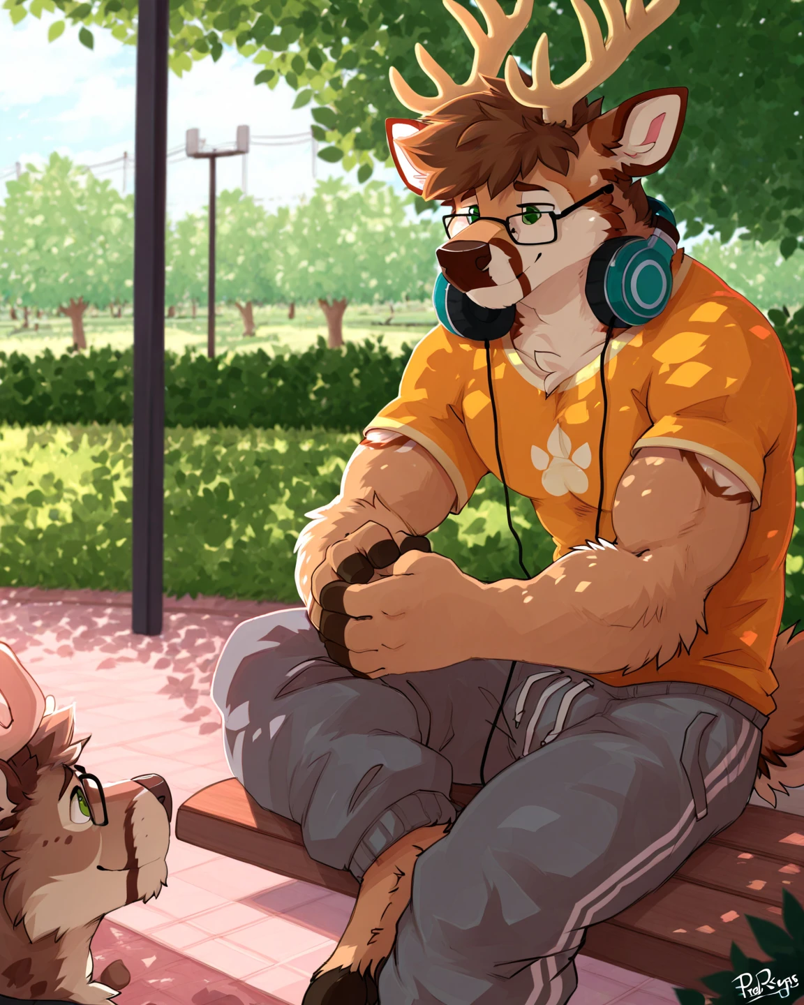 32k, soloman, a man with a dark blond beard and well groomed ,a dark blond hair  ,stephen amell  3  ginger cats sitting near him, the man wearing( glasses,  and hairy chest ,(dark green short ),(dark green shoes),in a park, the man sitting on a table  cloth spread on the grass near him a picnic basket , high well detailed face fingers body parts  focus, happy smile, happy cats, heart-warming sceme lot of cuddling , seen from the front to side