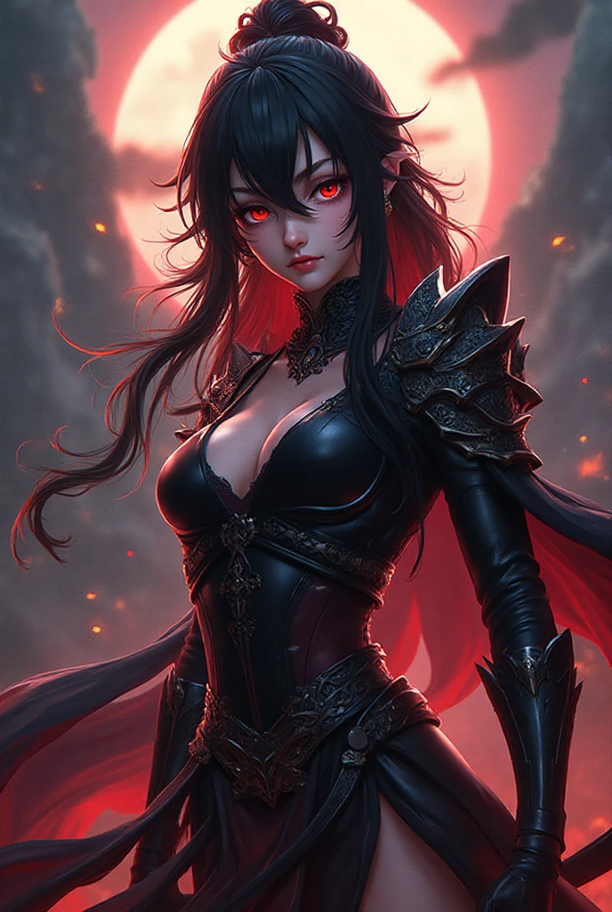 Storyboard, masterpiece, highest quality, dragonlady queen, perfect demoness, bright red glowing eyes, detailed eyes (1.4), scars on face, villainous expression, flaming skin body with bioluminescent glowing pattern, ready for battle, blurred stormy background, dark atmosphere, lighting in background,full body,