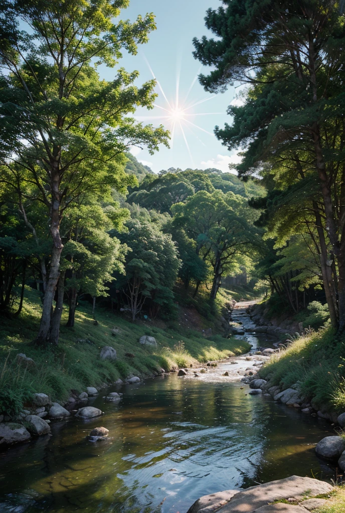(、、、Adult)、Set in a lush mountain landscape、Young woman enjoying nature by playing in a clear mountain stream(彼女はなを着ています)。The scene is realistic anime style。The woman is wearing a tank top and shorts.、Standing in the shallows of a stream、Scoop up water with your right hand、Extend your left hand slightly for balance。She has a happy look on her face.。In the background、Mountains covered with green forests々is drawn、wood々々The sun shines softly between the、It casts a warm, natural light on the scene.。The water in the stream is clear、I see rocks below me、The banks are lined with vibrant greenery and wildflowers.。The camera angle is slightly behind and above the woman.、It gives the scene depth and perspective.。When the sunlight hits the water surface and the woman、Has a soft shine effect on your hair's
