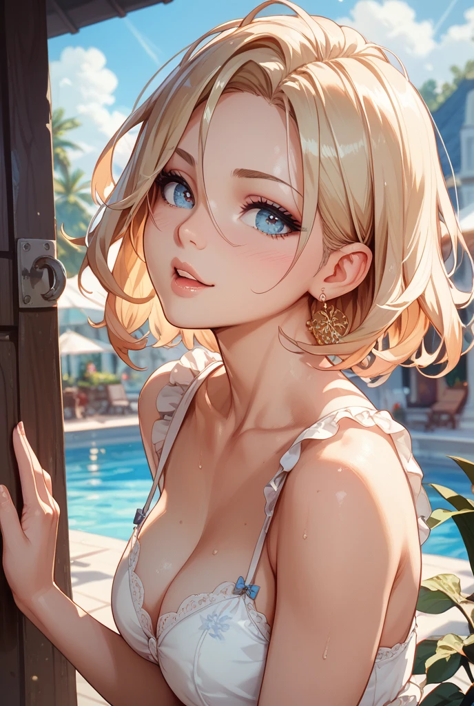 (masterpiece:1.2, top-quality), ultra-detailed, (realistic, photorealistic:1.4), beautiful illustration, (natural side lighting, movie lighting), depth of fields, 
beautiful hair, beautiful face, beautiful detailed eyes, beautiful clavicle, beautiful body, beautiful ?????, beautiful thigh, beautiful legs, beautiful fingers, perfect style, 
looking at viewer, 1 girl, japanese, gravure Idol,21 year old  girl, perfect face, cute and symmetrical face, 
(short hair, blonde hair), blue eyes, realistic pupils, long eye lasher, (?????????????, thigh thickness), suntan, shinny skin, emphasizes cleavage, 
(sarong, ??????, necklaces), choker, wrist chakra, hairband), 
(beautiful scenery), tropical beaches, (versatile ???? poses), (lovely smile, upper eyes),