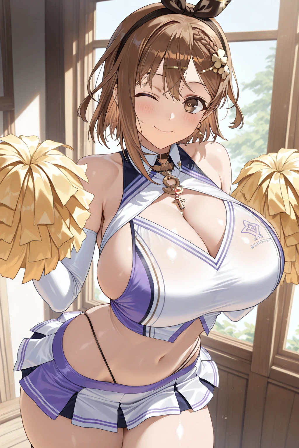 Alluring expression、Cheerleader、Ultra-detailed illustrations、Ultra-precise expression、masterpiece、Highest quality、ultra High resolution、High resolution、Hiromitsu Takeda Style、White background、Simple Background、One girl、solo、Mash Kyrielight、light purple hair,short hair,hair over one eyes、Purple eyes、Open your mouth、Large Breasts、Big Breasts、Erect nipples、Choker of Hearts、White Breath、Sweat、Glowing Skin、shiny skin、Front angle、View your viewers、stand、