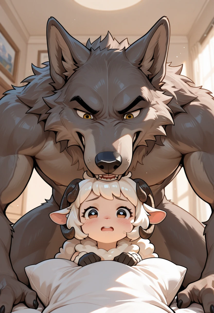 (anthro sheep), (male werewolf) score_9, score_8_up, dream prompt:score_9, beautiful, detailed cute face, blushing, shocked expression, reverse suspended congress, looking surprised, crying, forest, hooves in view ((screaming)), , saliva, , spreading legs, arms behind back, grabbing butt, , chibi, young, ((closed eyes))