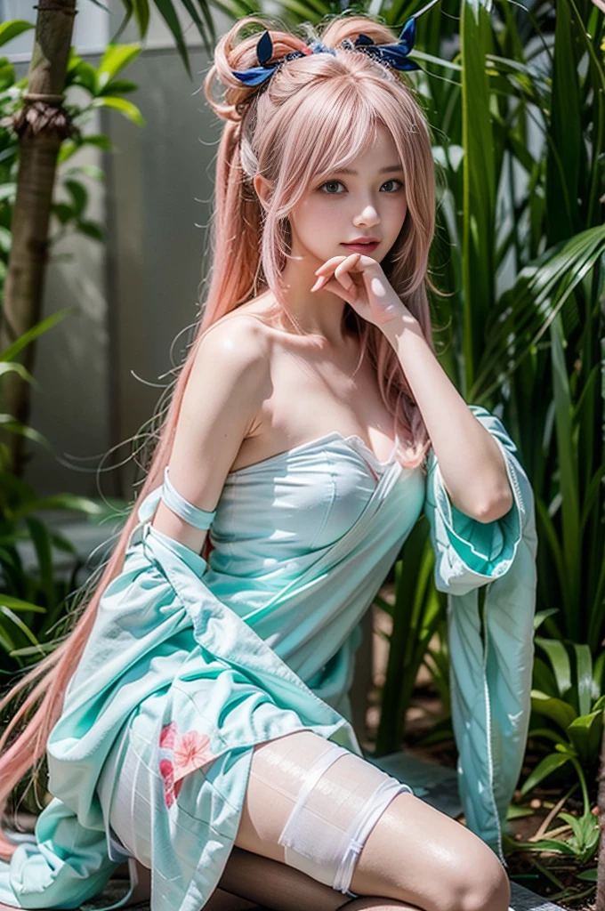 Masterpiece, Best Quality, Official Art, 8k Wallpaper, Very Detailed, Illustration, 1 Girl, Sky Blue Hair, Long Hair, Detailed Eyes, Forrest Gump,  Shoulders, Hanfu, Lake, Pure, Soft Smile, bamboo, tea