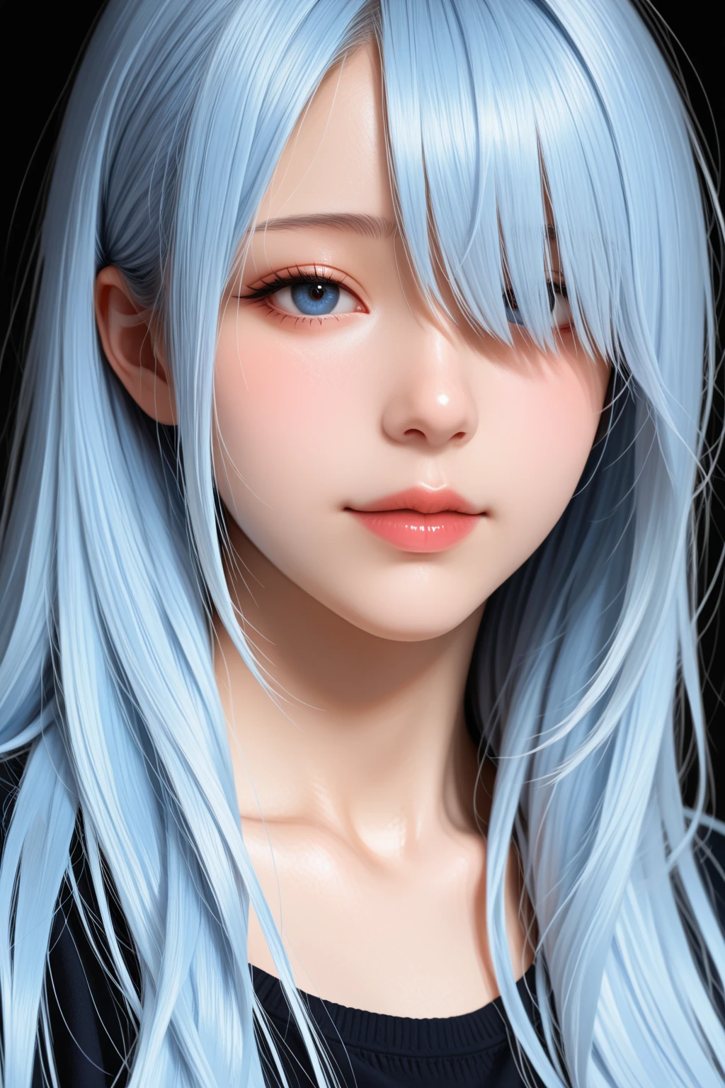 (masterpiece)(high resolution)(headshot)(head only)(close-up)(elegant)(single 22-year old girl)(greek goddess)(long, straight hair)(light blue hair)(long sidelocks)(turquoise eye pupils)(angry)(shiny lip gloss)(blush)(glossy skin)