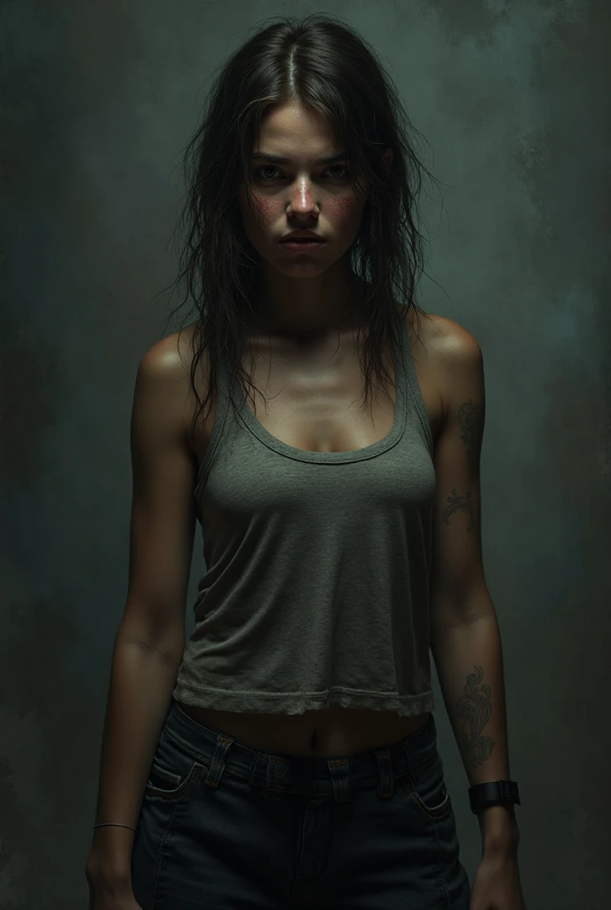 a 14 year old Thai girl,Beautiful, charming, , dusty face, messy hair., she was wet, wearing a torn and very dirty T-shirt.,  Not wearing , showing her , Standing in a dirty alley at night.