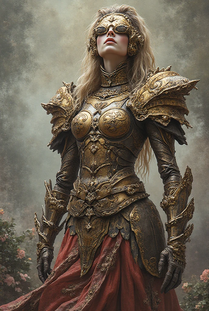 ((masterpiece))), (((best quality))), ((ultra-detailed)), (hyperrealistic), (highly detailed CG illustration), cinematic light, photorealistic ,extremely beautiful young lady, light makeup, big breast,  intricate golden eaba, golden care cape, spear, golden hour
