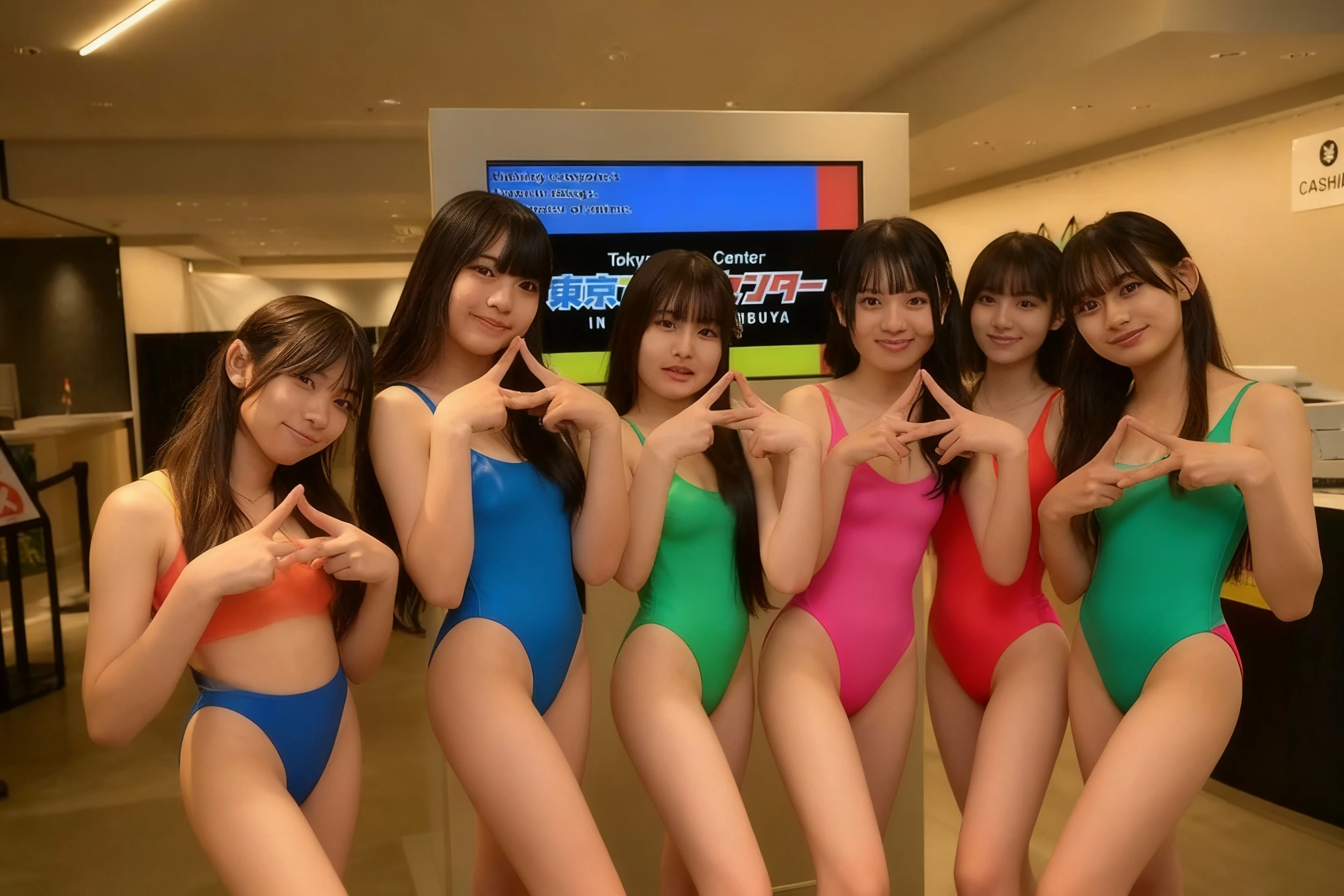 A pretty girl with perfect figure,wrestling tag team,same outfit,14 and 19 years old,(Lori,lacy fabric,onepiece swimsuit, Very small ???????), Stand in the ring of professional wrestling,extremely detailed face and skin, Detailed eyes, Double eyelids, Grinning smile,knee high socks,Lace gloves,straight haired,Hair band of the same color as the swimsuit,Nogizaka46,stand a little apart