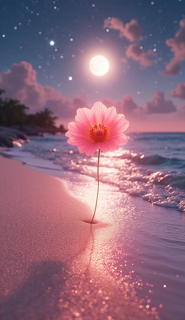 Orange moon, teal sky, soft pink clouds, teal ocean waves sparkling, sparkling, pink roses on pink ocean, fantasy, diamond, crown, universe, soft lights,